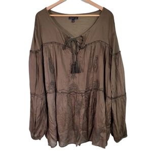 Lane Bryant 26/28 Olive Green Beaded Peasant Top